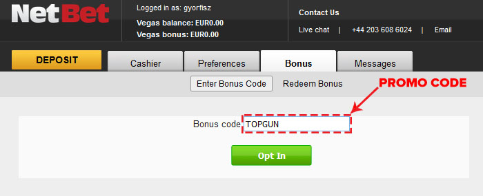 Enter the TOPGUN promotional code for the free spins